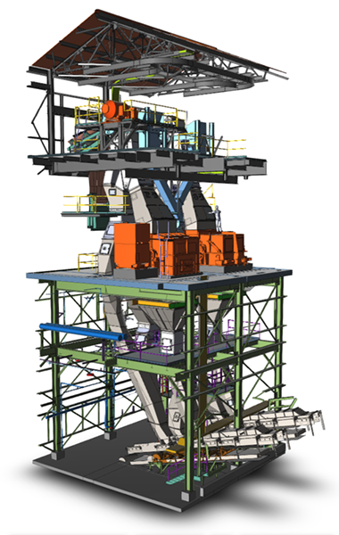 Transfer-tower-and-chute-design-by-asbuilt Technical drawing showing a transfer tower and chute design